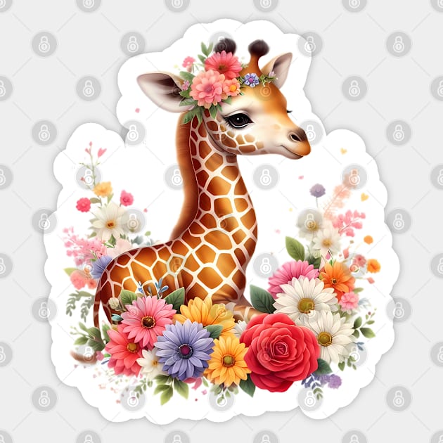 A baby giraffe decorated with beautiful colorful flowers. Sticker by CreativeSparkzz